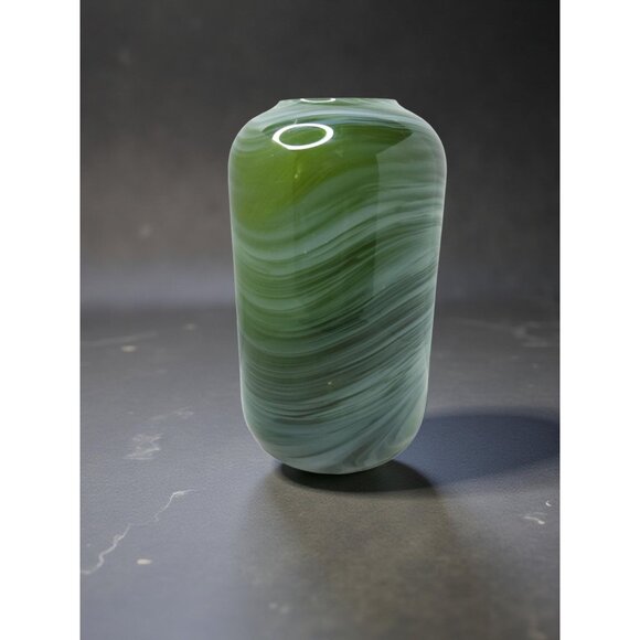 Vintage Heavy Art Glass Hand Blown Green,White,Black Swirl Pattern Vase - Picture 2 of 13